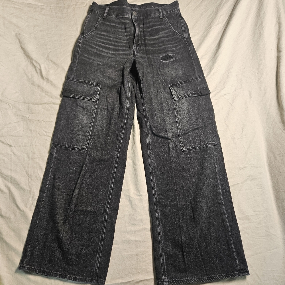 American Eagle Baggy Cargo Wide Leg Jeans Women's Size 6 Super‎ High Rise Black - Picture 2 of 13
